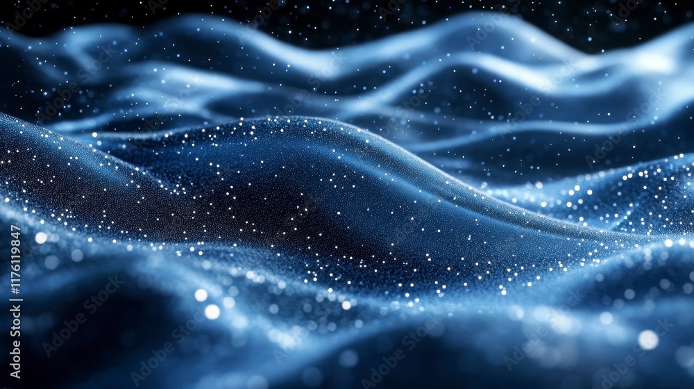 Obraz premium Abstract blue wavy surface with glowing particles.