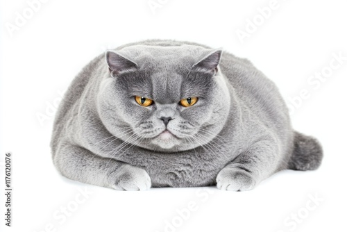 Grey cat lounging peacefully on a white surface, showcasing its unique features and calm demeanor photo