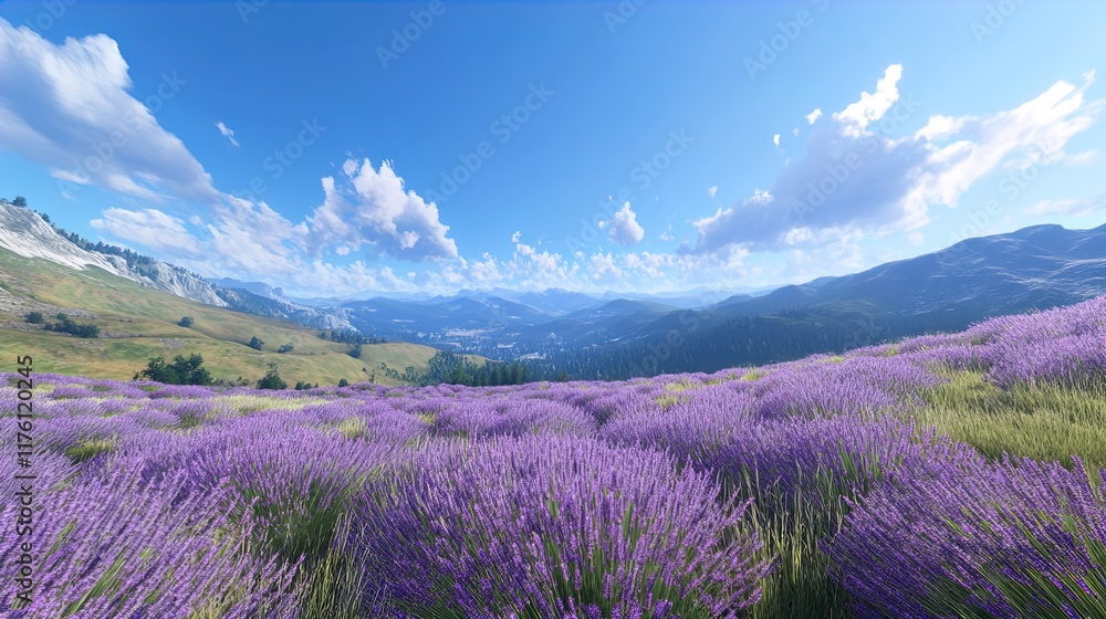 A scenic landscape featuring a vibrant field of lavender flowers in full bloom, set against rolling hills and a bright blue sky scattered with fluffy white clouds. The foreground is dominated by the v A scenic landscape featuring a vibrant field of lavender flowers in full bloom, set against rolling hills and a bright blue sky scattered with fluffy white clouds. The foreground is dominated by the v