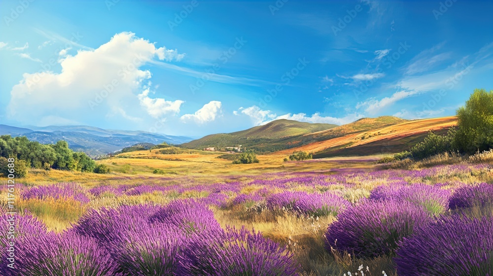 A vibrant landscape featuring expansive fields of blooming lavender under a clear blue sky, with scattered fluffy white clouds. In the background, rolling hills display a mix of green vegetation and g A vibrant landscape featuring expansive fields of blooming lavender under a clear blue sky, with scattered fluffy white clouds. In the background, rolling hills display a mix of green vegetation and g