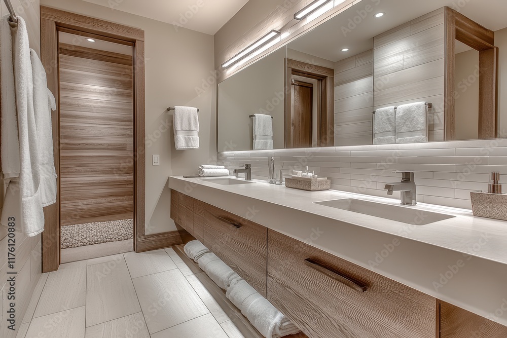 Modern and Elegant Bathroom Interior Design Featuring Sleek Vanity, Dual Mirrors, Soft Lighting, and Luxurious Textures for Contemporary Home Décor Inspiration Modern and Elegant Bathroom Interior Design Featuring Sleek Vanity, Dual Mirrors, Soft Lighting, and Luxurious Textures for Contemporary Home Décor Inspiration