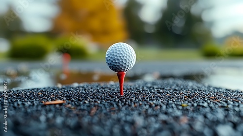 Golf ball on tee, wet ground, autumn park,  sports website