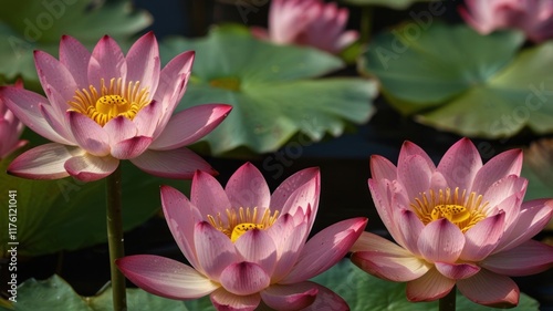 Three pink water lilies in bloom on a pond.