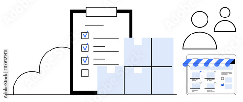 Checklist with marked items on clipboard, stacks of inventory boxes, user figures, and online store interface. Ideal for task management, inventory, teamwork, digital retail, e-commerce