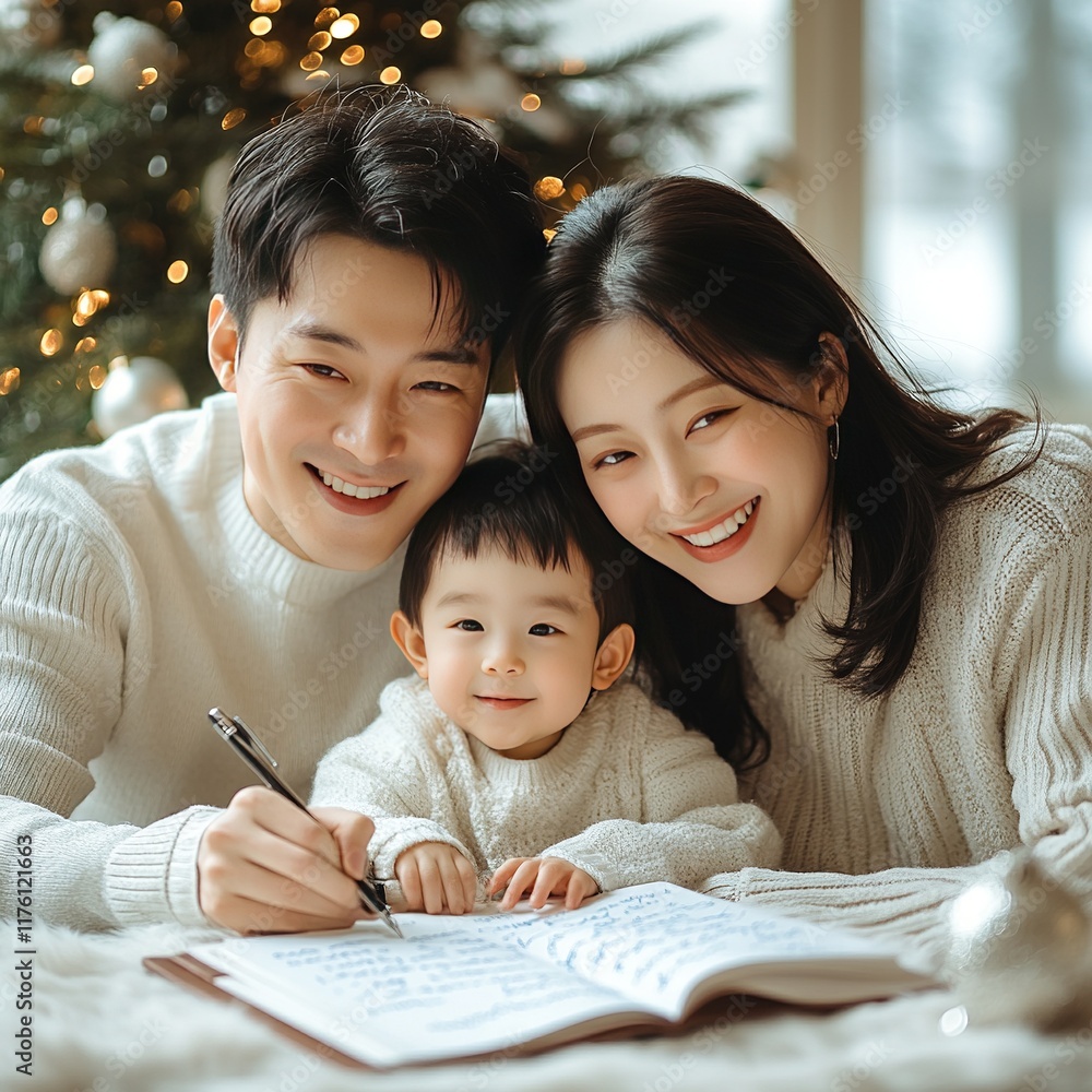 Happy family with baby drawing near Christmas tree. Happy family with baby drawing near Christmas tree.