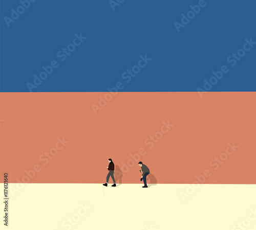 People walking on minimal modern street. Urban lifestyle summer vacation. Outdoor architecture building.