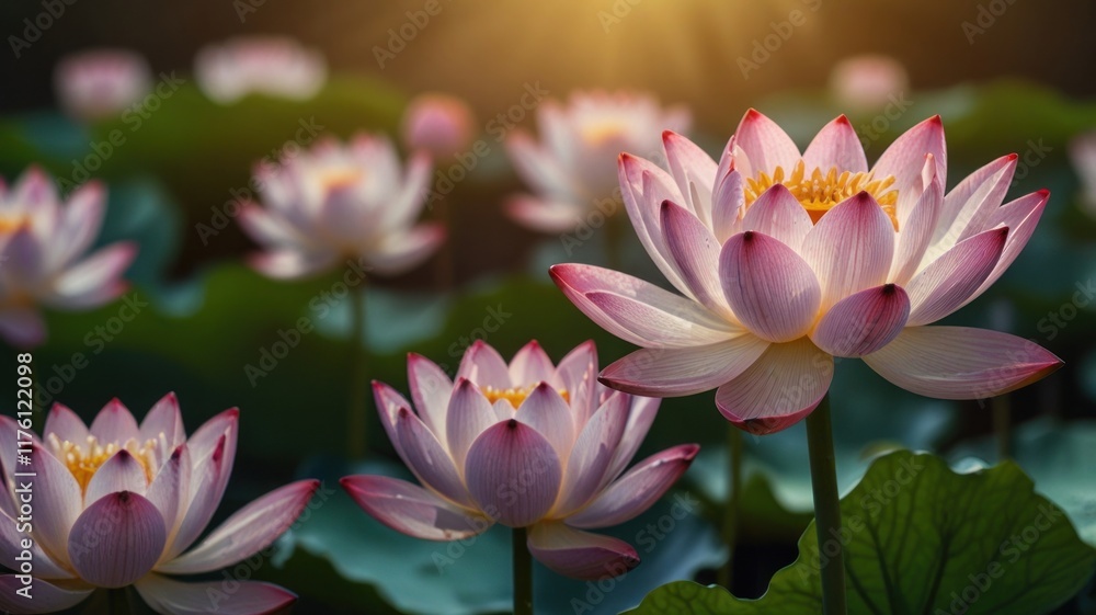 Pink lotus flowers blooming in sunlight. Pink lotus flowers blooming in sunlight.