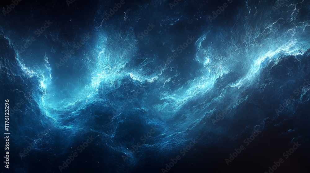 Fototapeta premium Ethereal Blue Waves in Cosmic Ocean: Captivating Abstract Depiction of Celestial Forces Unveiling the Majestic Mysteries of the Universe in Tranquil Motion