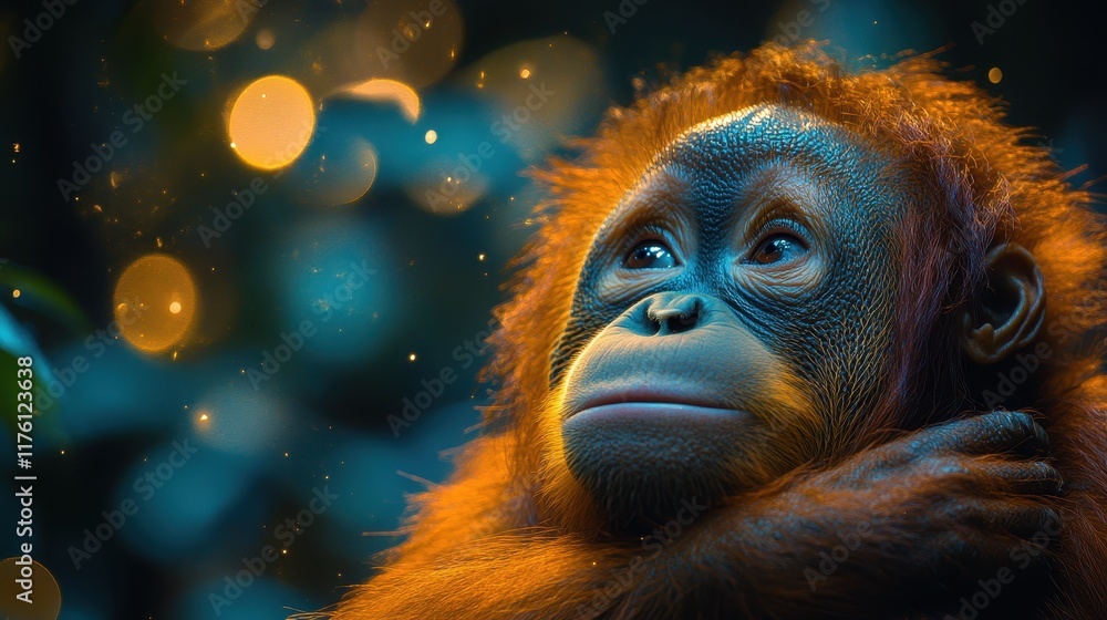 Obraz premium A Magical Nighttime Setting with a Bornean Orangutan Among Glowing Trees