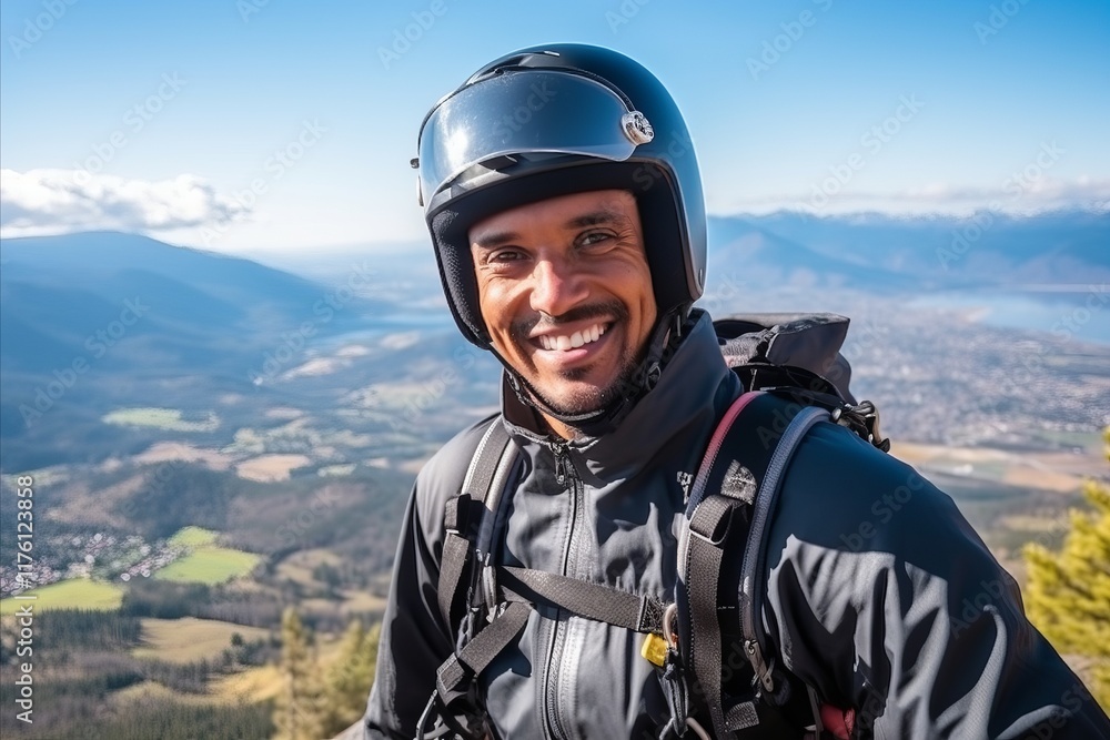 Portrait of a happy biker in helmet on the top of the mountain Portrait of a happy biker in helmet on the top of the mountain