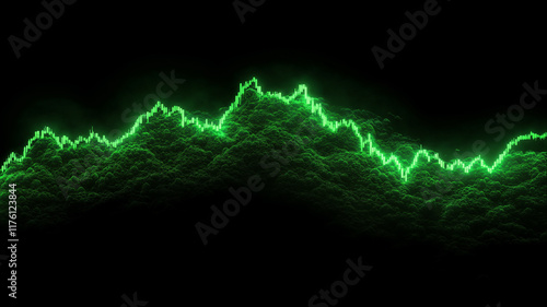 Glowing green data visualization wave on black background, financial market analysis trading view chart concept