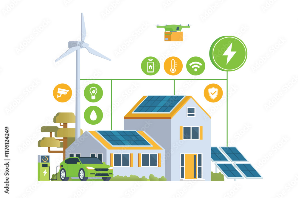 Fototapeta premium Modern Smart Home with Renewable Energy. Solar Panels, Wind Turbines, and Electric Vehicle. Green Concept. Editable Vector Illustration