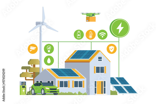 Modern Smart Home with Renewable Energy. Solar Panels, Wind Turbines, and Electric Vehicle. Green Concept. Editable Vector Illustration