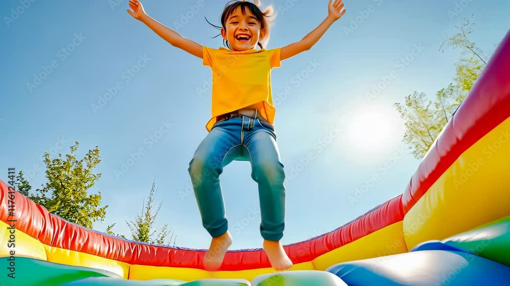 custom made wallpaper toronto digitalA joyful young girl of Asian descent jumps excitedly on a vibrant bouncy castle, radiating happiness. It's a sunny day, creating a cheerful atmosphere filled with laughter and playfulness.