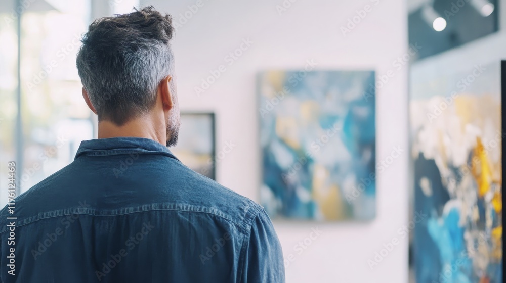 Fototapeta premium Thoughtful man admiring contemporary artwork in a bright gallery space with colorful abstract paintings on the walls surrounded by natural light