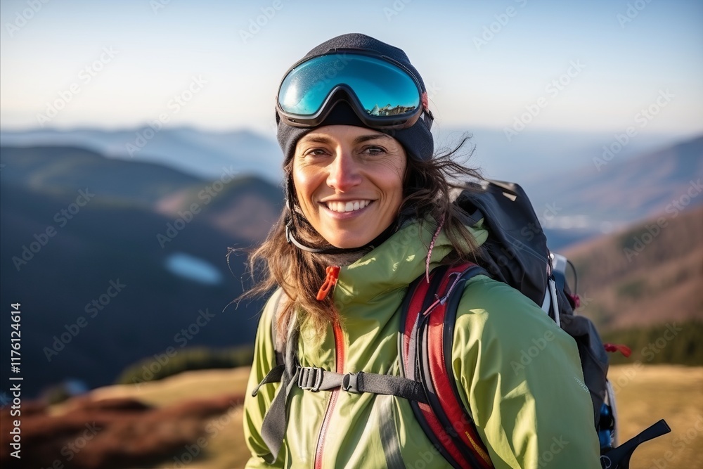 Mountain climber woman with backpack and helmet on top of a mountain Mountain climber woman with backpack and helmet on top of a mountain