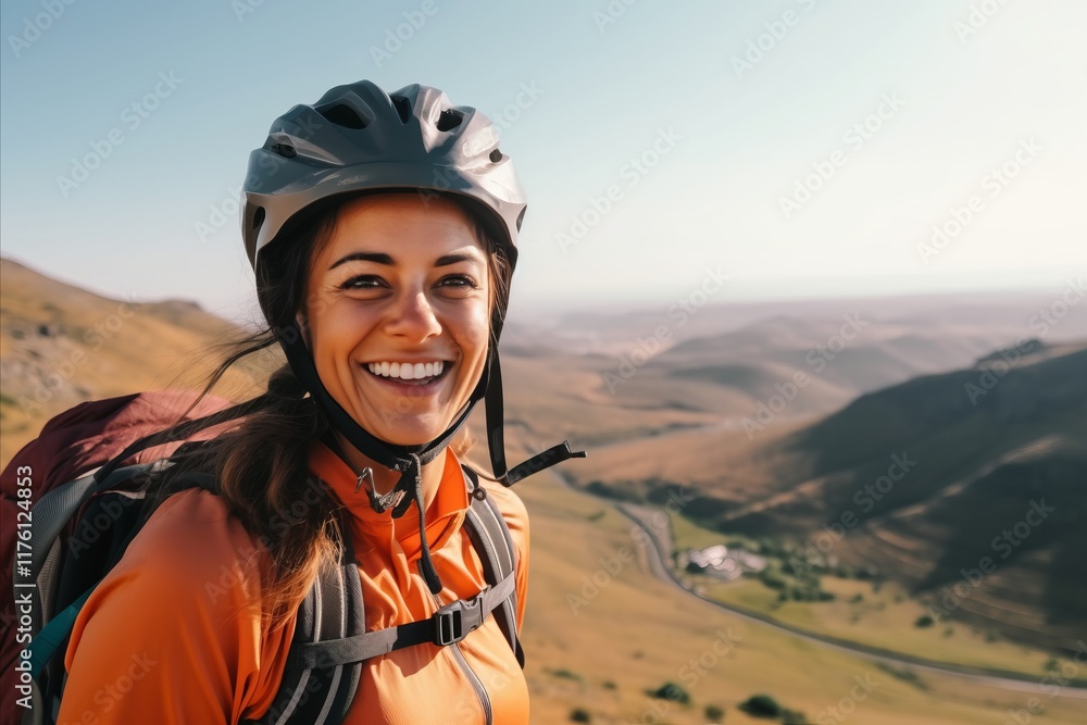 Portrait of a smiling young woman with mountain bike in the mountains Portrait of a smiling young woman with mountain bike in the mountains