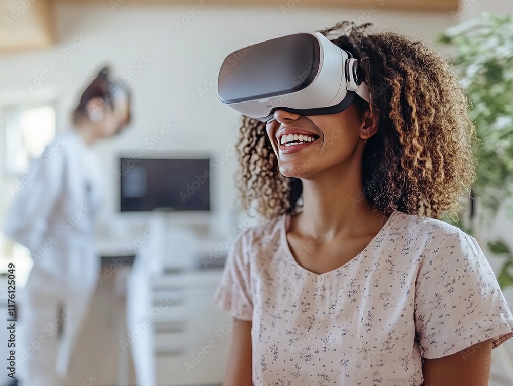 Fototapeta premium Happy woman using VR headset, smiling.
