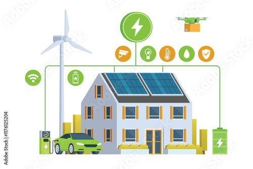 Modern Smart Home with Renewable Energy. Solar Panels, Wind Turbines, and Electric Vehicle. Green Concept. Editable Vector Illustration