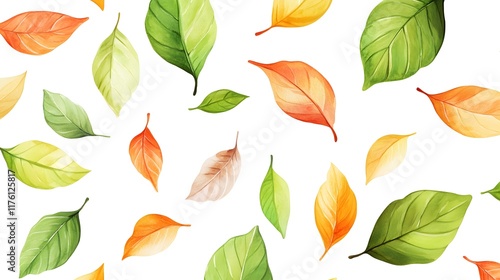 Watercolor painting of autumn leaves falling on white background