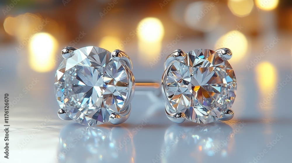 Sparkling diamond stud earrings on a reflective surface with bokeh background.