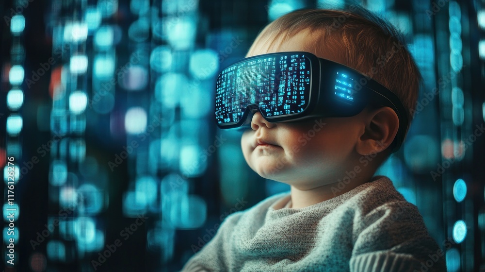 Baby uses his imagination and wears virtual reality glasses of computer intelligence with digital display of binary data of technological developments in the future Baby uses his imagination and wears virtual reality glasses of computer intelligence with digital display of binary data of technological developments in the future