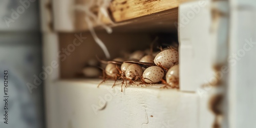 Close-up of cockroaches hiding in a wooden crevice, showcasing insect behavior and habitat. photo