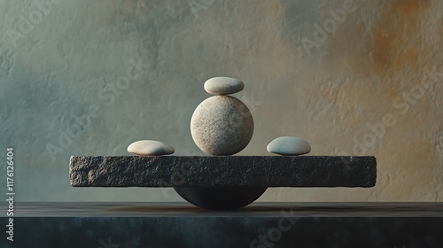 Generative art featuring stones balanced on a dark plank supported by a circular rock in natural tones
