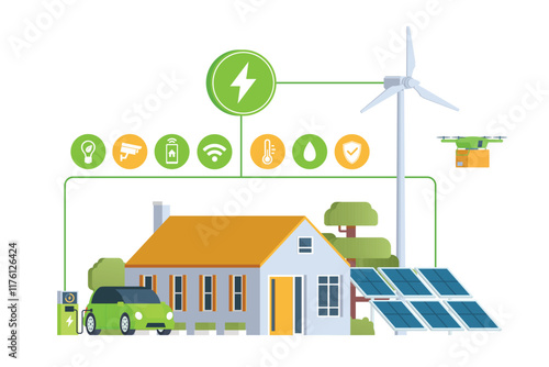 Modern Smart Home with Renewable Energy. Solar Panels, Wind Turbines, and Electric Vehicle. Green Concept. Editable Vector Illustration