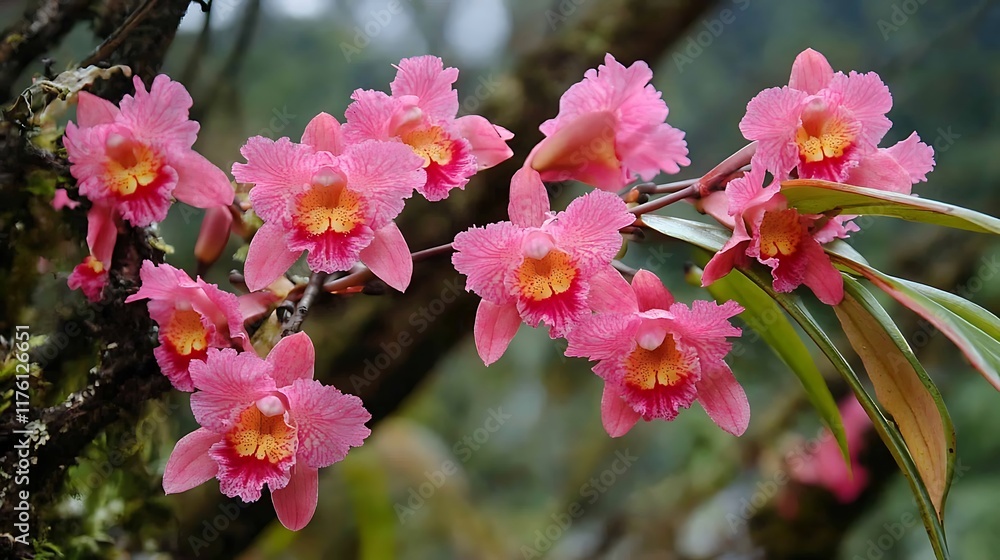 Vibrant Pink Orchid Bloom in Lush Tropical Setting Vibrant Pink Orchid Bloom in Lush Tropical Setting