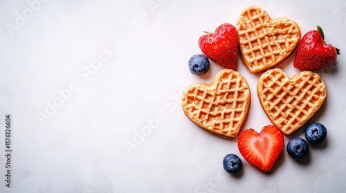 Heartshaped waffles styled with fresh fruit on a minimalist Valentinethemed table photo