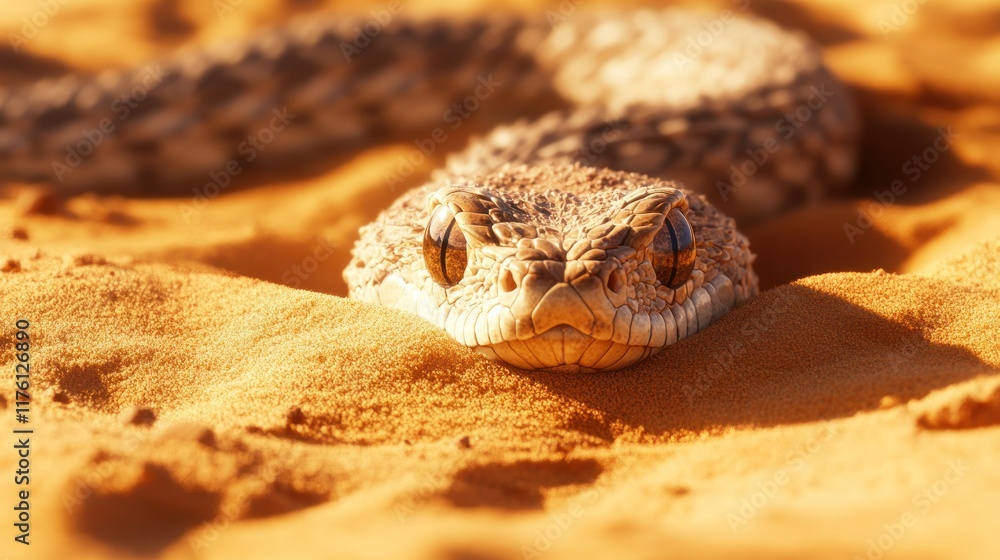 Obraz premium A sand viper buried in desert dunes, only its head visible as it blends with the golden sand