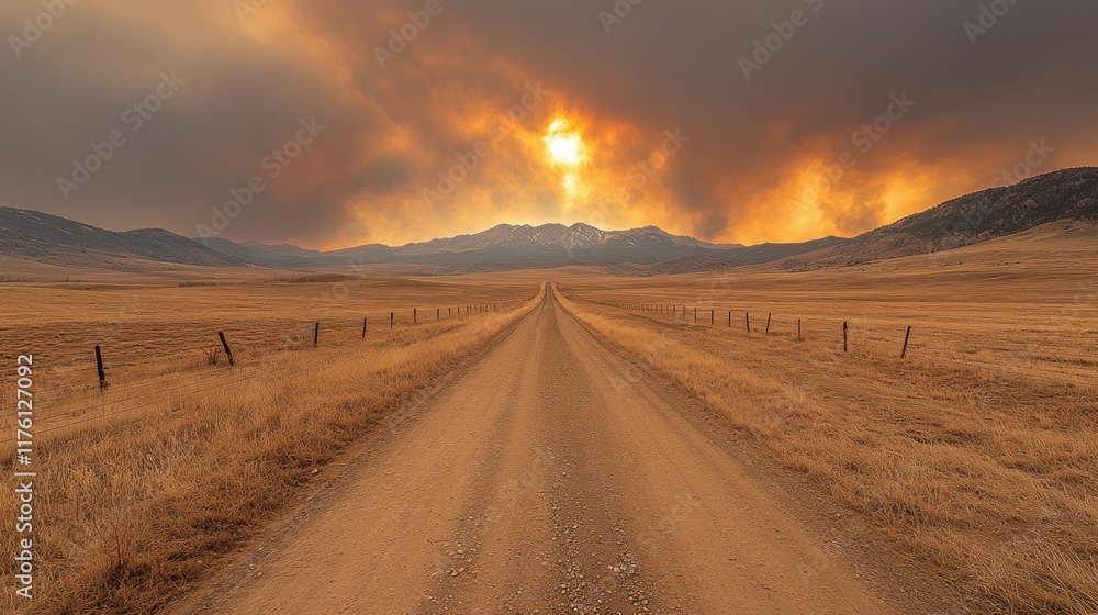 Naklejka premium Sunset over a deserted dirt road with wildfire smoke in the background.