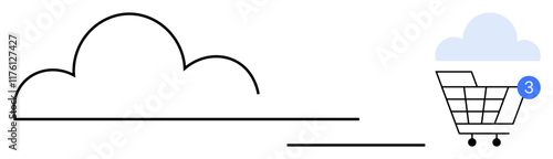 Cloud outline connected to a shopping cart with three notifications. Ideal for online shopping, e-commerce, digital marketing, cloud computing, consumer behavior, retail innovation, and technology