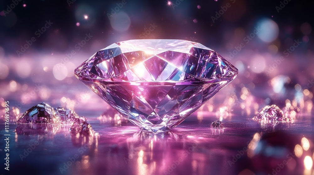 Sparkling purple diamond gemstone on reflective surface with bokeh. Sparkling purple diamond gemstone on reflective surface with bokeh.