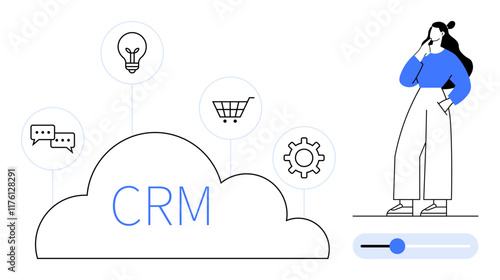 Businesswoman contemplating cloud CRM concept with icons representing communication, light bulb, shopping cart, and gear. Ideal for business management, customer service, e-commerce, productivity