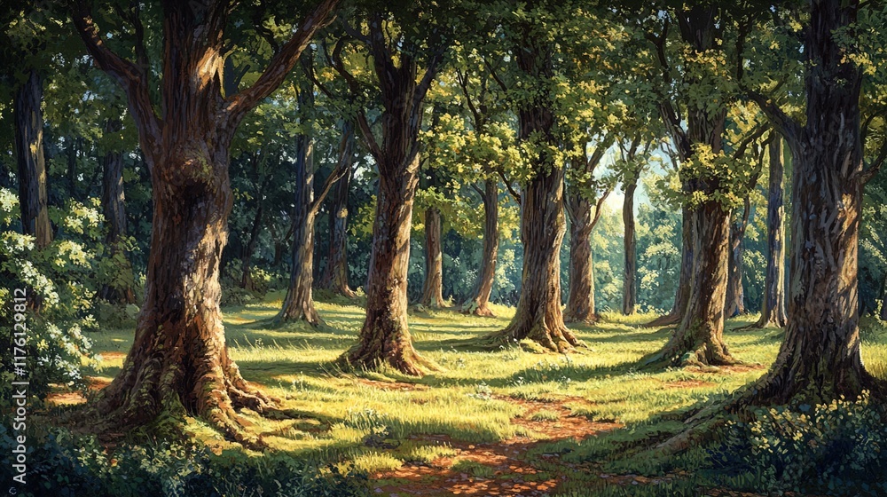 A serene forest scene showcasing tall, majestic trees with thick trunks and a lush undergrowth. Sunlight filters through the canopy, creating dappled light on the forest floor, which is covered in vib A serene forest scene showcasing tall, majestic trees with thick trunks and a lush undergrowth. Sunlight filters through the canopy, creating dappled light on the forest floor, which is covered in vib