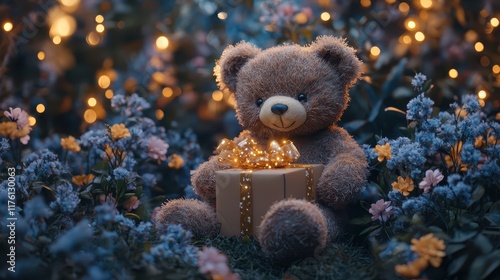 A teddy bear with a gift box surrounded by flowers