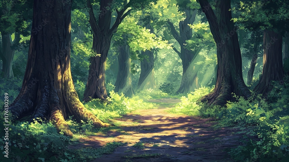 Fototapeta premium A serene forest path flanked by tall, majestic trees with lush green foliage. Sunlight filters through the leaves, casting dappled shadows on the ground. The vibrant greenery and soft light create a p
