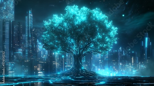 Radiant glowing tree representing innovation and growth in futuristic cityscapes