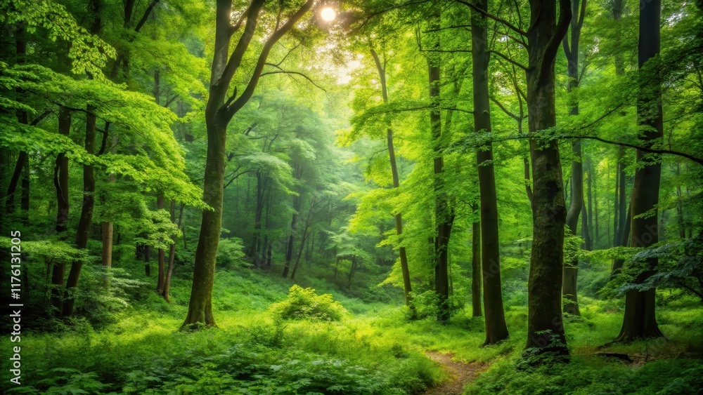 A small corner of a lush green forest with dense foliage and towering trees in the background , outdoors, nature A small corner of a lush green forest with dense foliage and towering trees in the background , outdoors, nature
