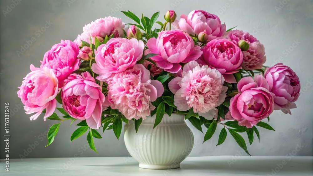 A stunning bouquet of large, showy pink peony flowers in a classic white ceramic vase, perfectly balanced among lush foliage and adorned with fresh greenery , fresh cut flowers, vase A stunning bouquet of large, showy pink peony flowers in a classic white ceramic vase, perfectly balanced among lush foliage and adorned with fresh greenery , fresh cut flowers, vase
