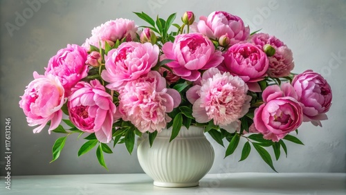 Wallpaper Mural A stunning bouquet of large, showy pink peony flowers in a classic white ceramic vase, perfectly balanced among lush foliage and adorned with fresh greenery , fresh cut flowers, vase Torontodigital.ca