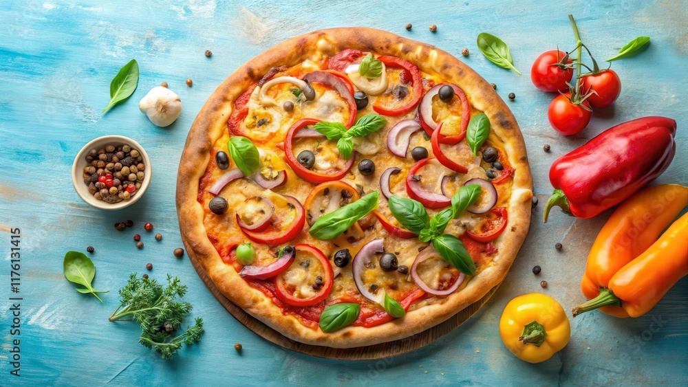 Fresh vegetarian pizza on light blue background with various toppings such as bell peppers, onions, and mushrooms in a modern kitchen setting, toppings, kitchen Fresh vegetarian pizza on light blue background with various toppings such as bell peppers, onions, and mushrooms in a modern kitchen setting, toppings, kitchen