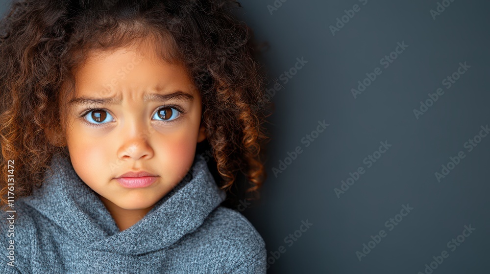 Sad Little Girl Portrait Curly Hair Child Emotions Dark Background Sad Little Girl Portrait Curly Hair Child Emotions Dark Background