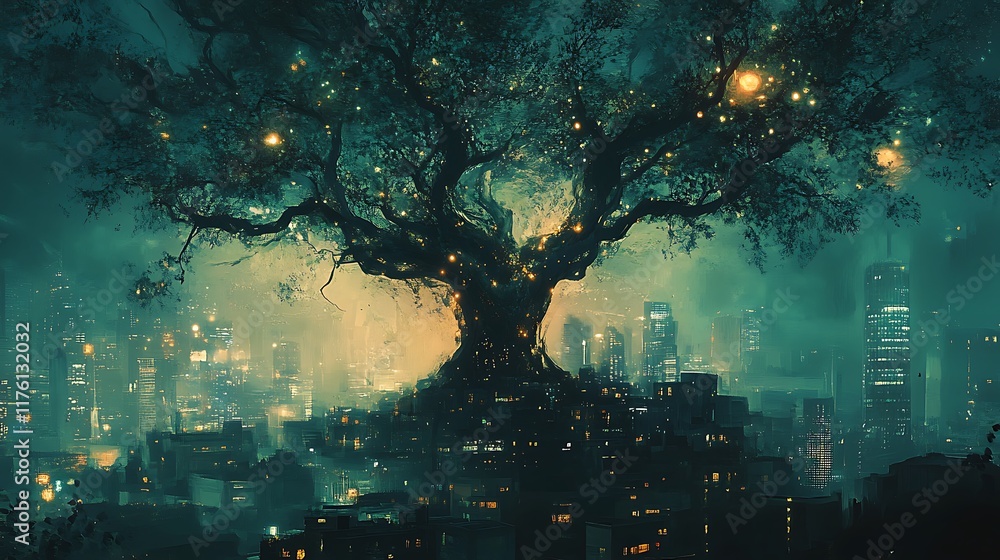 Stunning generative artwork of a glowing tree intertwined with modern cities Stunning generative artwork of a glowing tree intertwined with modern cities