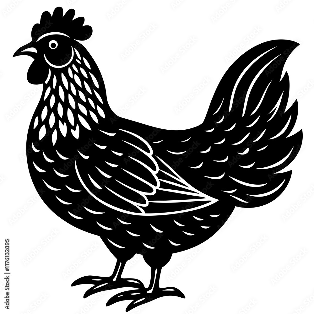 Cute Line Art Chicken Silhouette Black Vector Illustration Cute Line Art Chicken Silhouette Black Vector Illustration