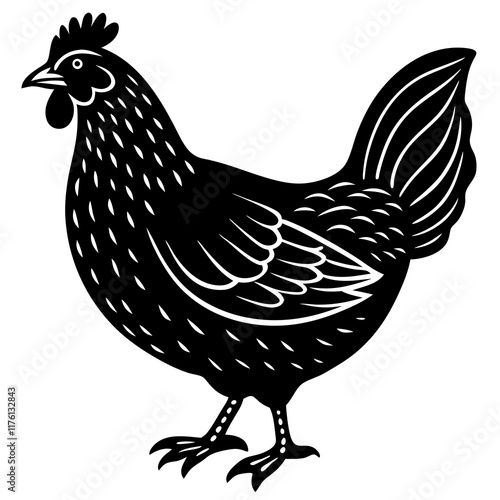 Cute  Line Art Chicken Silhouette Black Vector Illustration