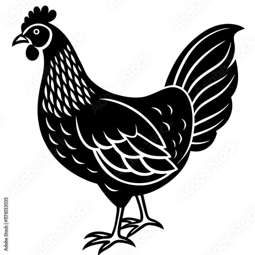 Cute  Line Art Chicken Silhouette Black Vector Illustration