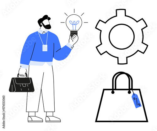 Businessman with beard holding a lit lightbulb, carrying a briefcase. Large gear icon and shopping bag with price tag. Ideal for innovation, entrepreneurship, business solutions, e-commerce